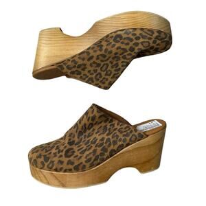 Anthropologie Leopard Print Wood Platform Clogs - Brown